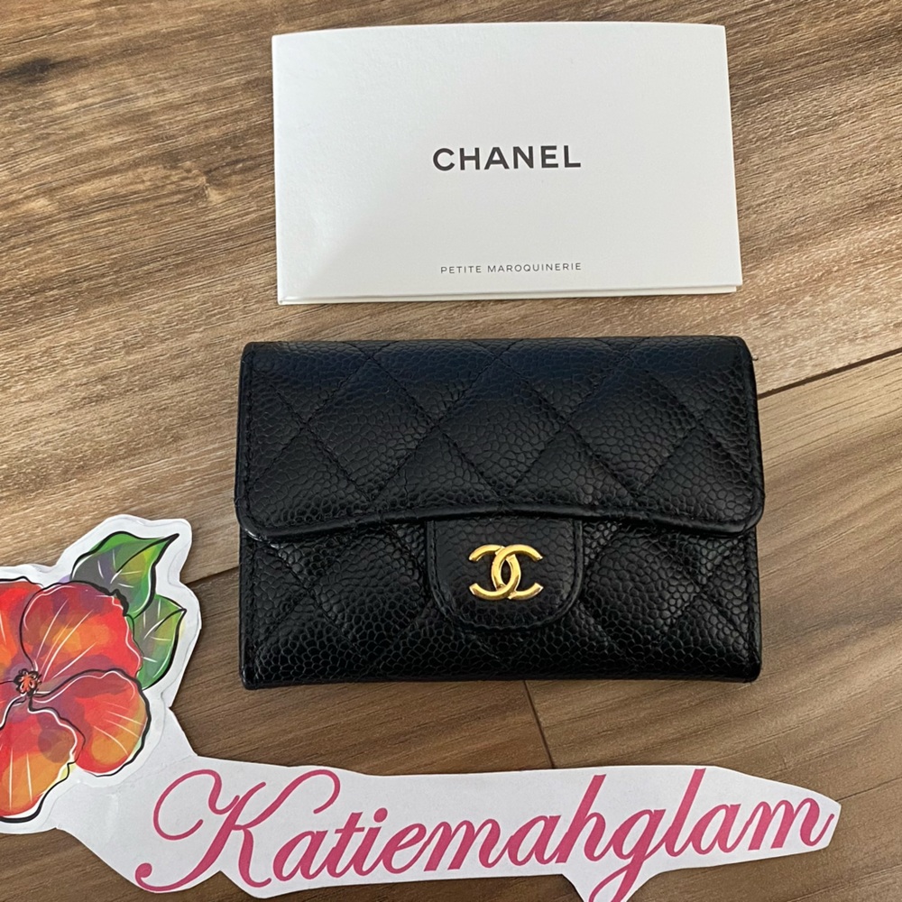 Authentic Chanel Classic Flap Card Holder Black Caviar with Gold Hardware